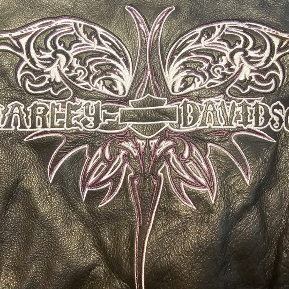 HARLEY-DAVIDSON Women's Purple Steel Heart Black Leather Jacket Like New Large​ - Picture 2 of 8
